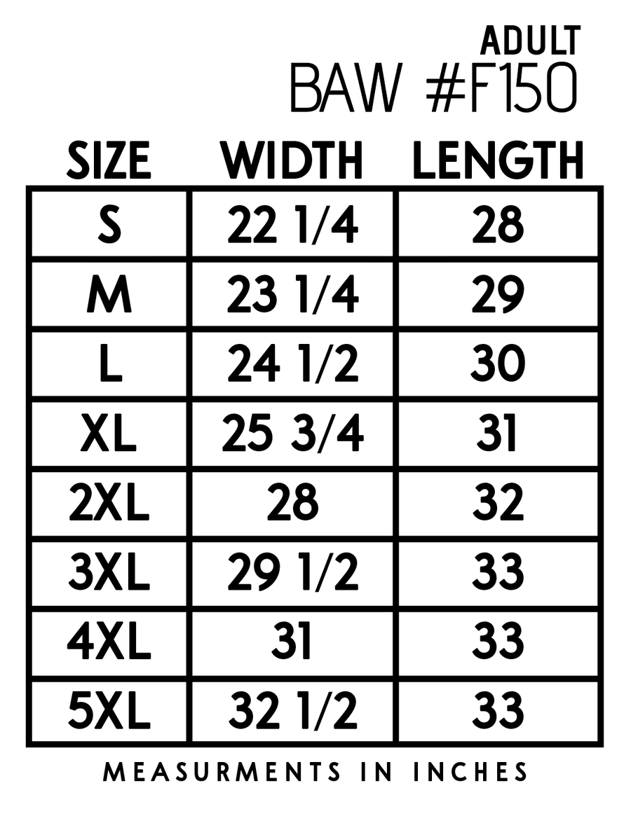 BAW size chart