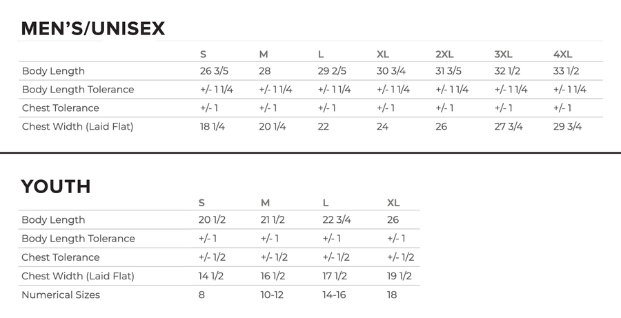 Comfort Colors size chart